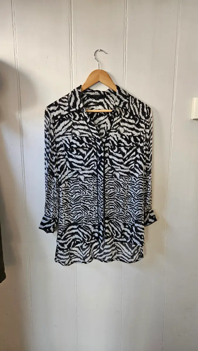 AllSaints Zebra Print Blouse Size S Black White Long Sleeve Button Front Women's