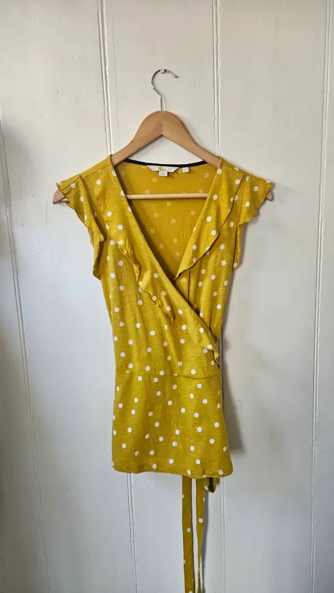 Boden Mustard Yellow Polka Dot Wrap Top Ruffle Tie Waist Cotton UK 6