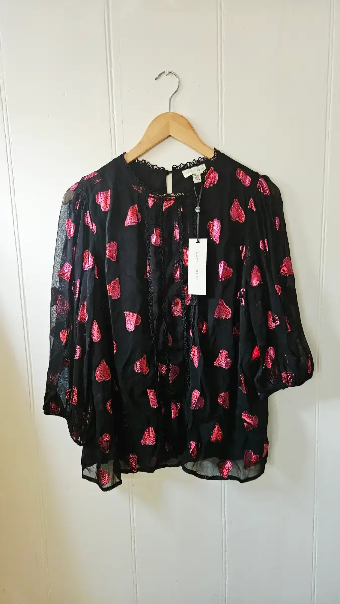 Love & Roses Black Pink Metallic Heart Embroidered Sheer Blouse Top UK 14 Boho
