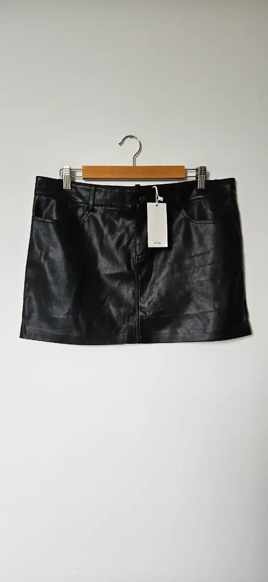 Mango MNG Faux Leather Mini Skirt Black Zip Pocket Womens Size L BNWT