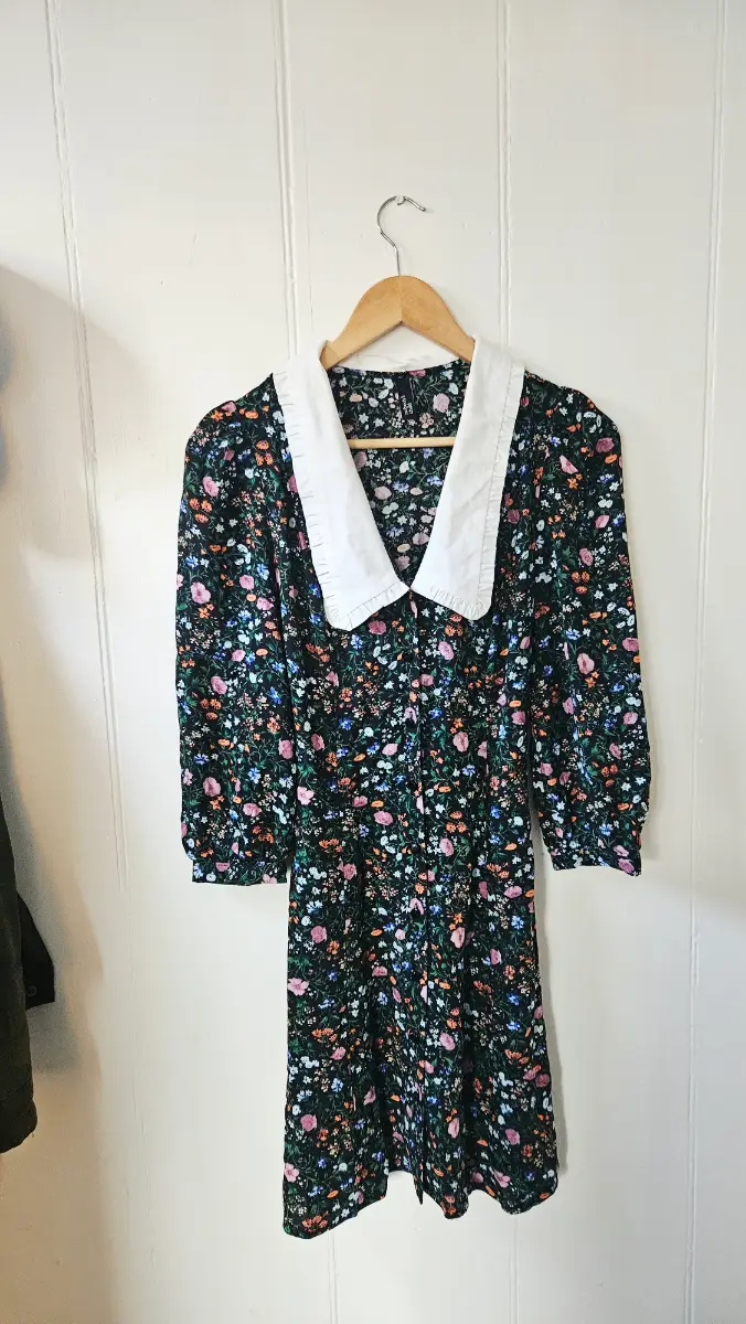 Nobody's Child Floral Mini Dress UK 8 Black White Collar Long Sleeve Tie Waist