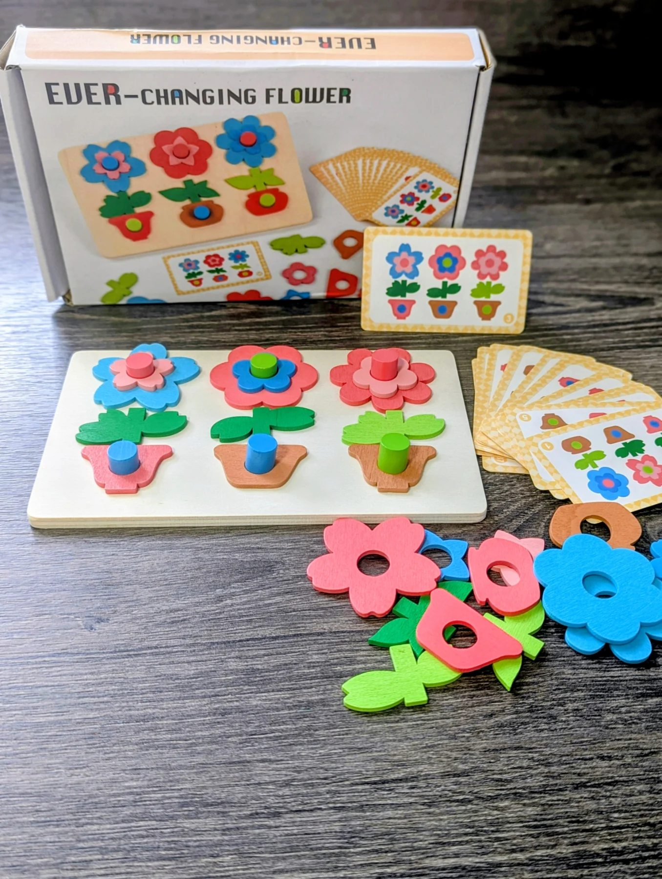 Colourful Wooden "Flower Changing" Game for Kids. Colour and Shape Recognition
