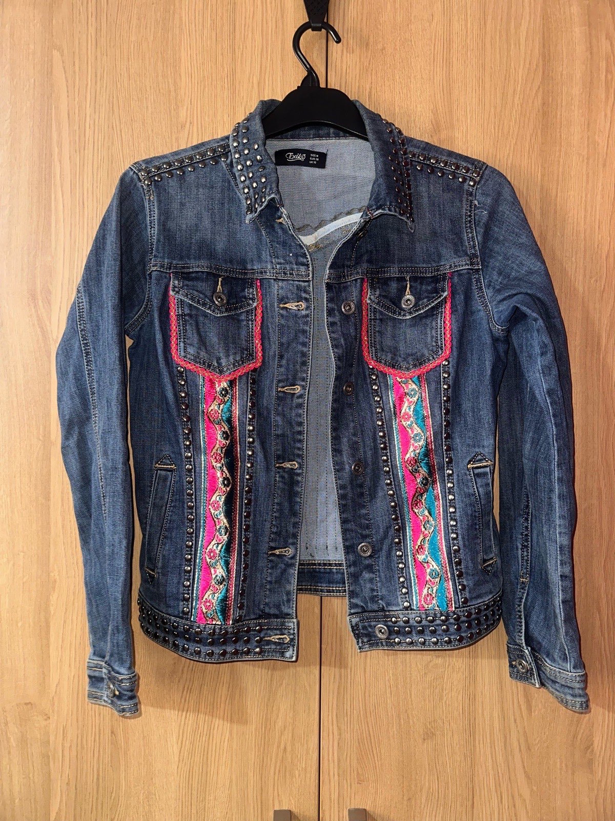Toxik3 Embellished Studded Denim Jacket UK 10 Boho Western Festival
