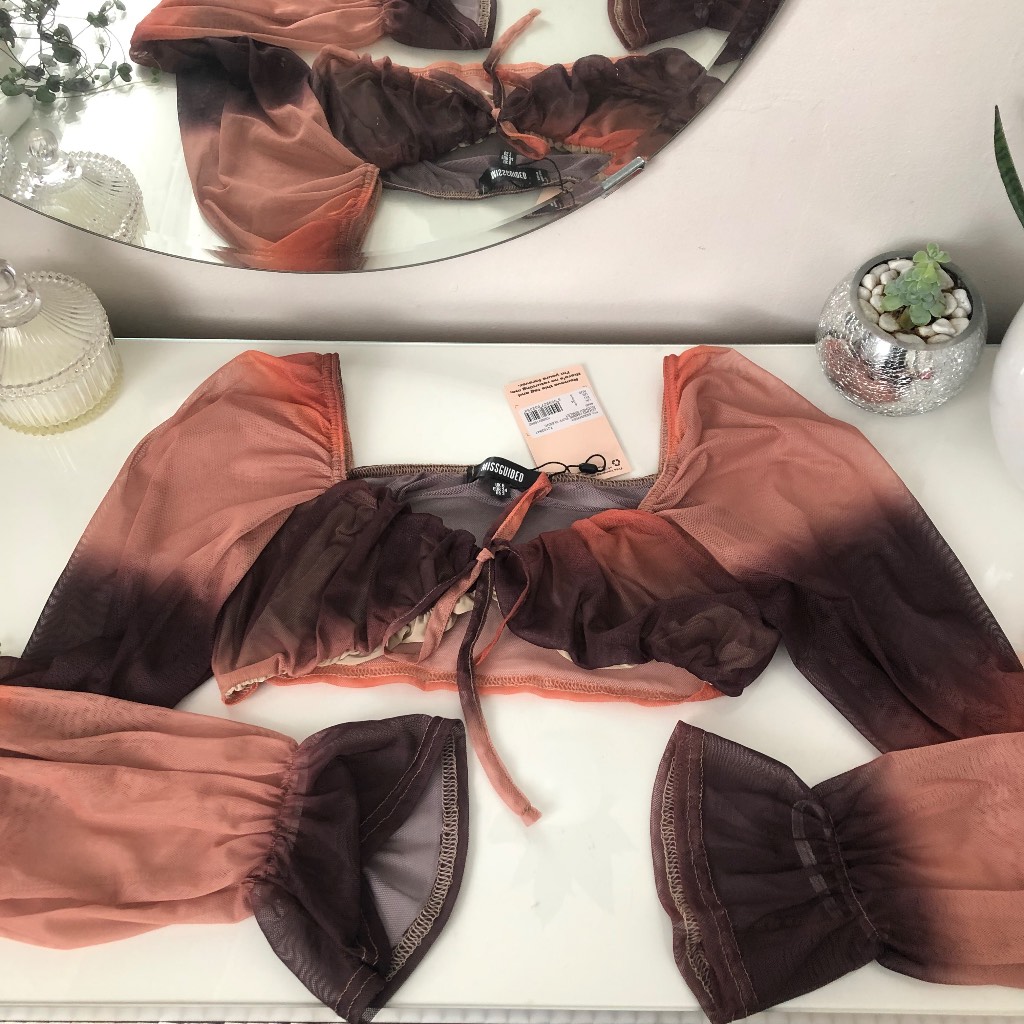 Ladies Bralet puff sleeve ruched ombre size 8 Womens Crop Top Long Sleeve