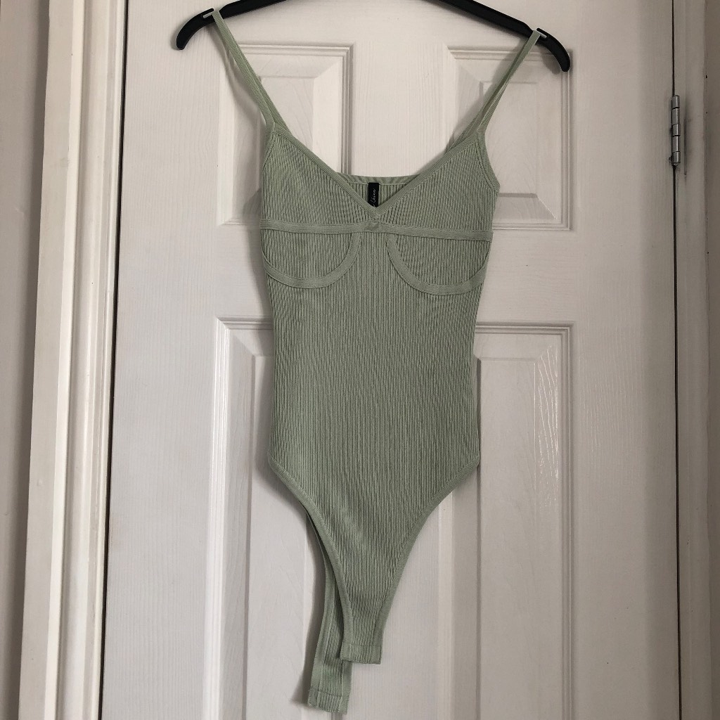 Ladies Sage knit ribbed bodysuit green 6 Strappy corset detail Womens Top