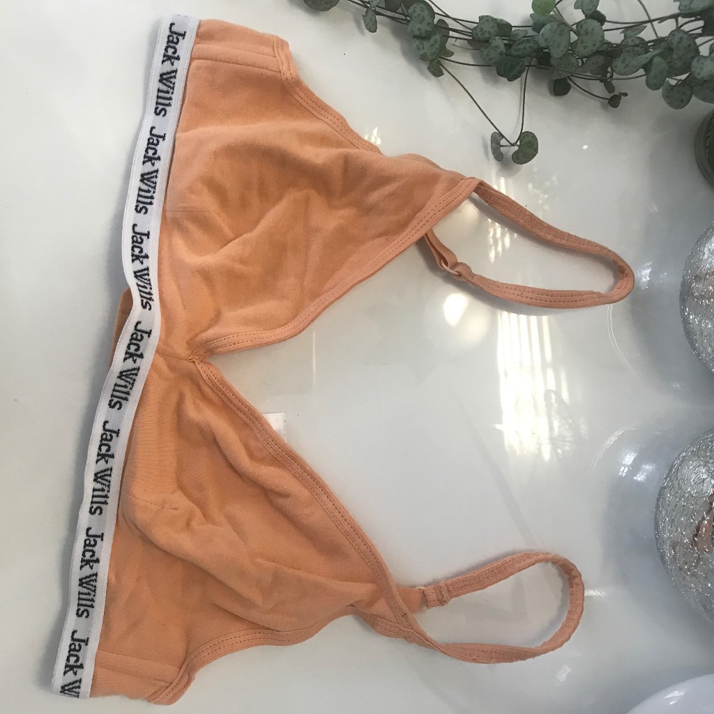 Ladies Jack wills Bralet mustard triangle orange white embossed waistband Size 8