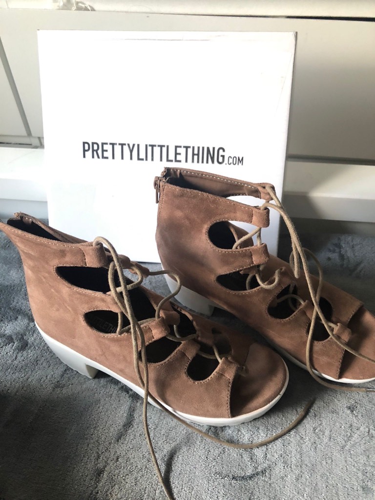 Womens Mocha Suede Platform Heels 4 Flat Leg Wrap Lace Up Open Toe Shoes Ladies