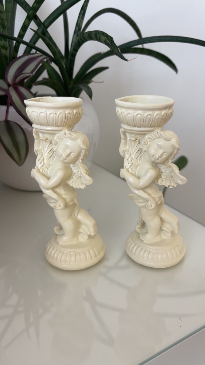 2x Angel candle holders cream
