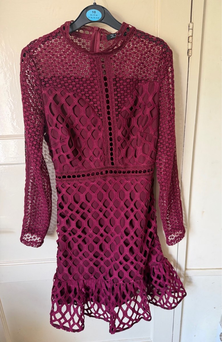 Simplee Raspberry Red Geometric Lace MIDI Dress