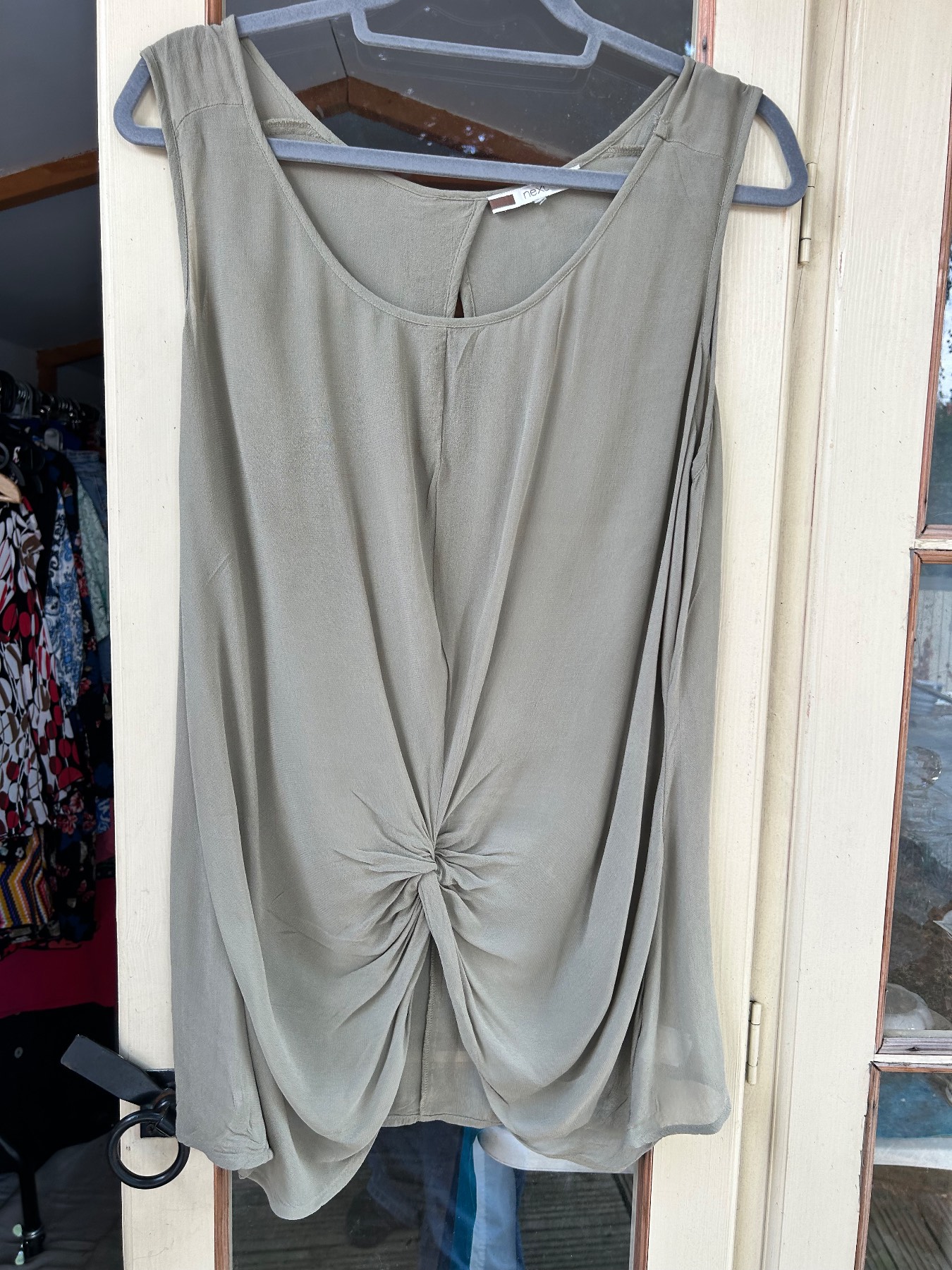 Next Khaki Solid Scoop Neck Sleeveless Chiffon Viscose Ruched Blouse Size 20