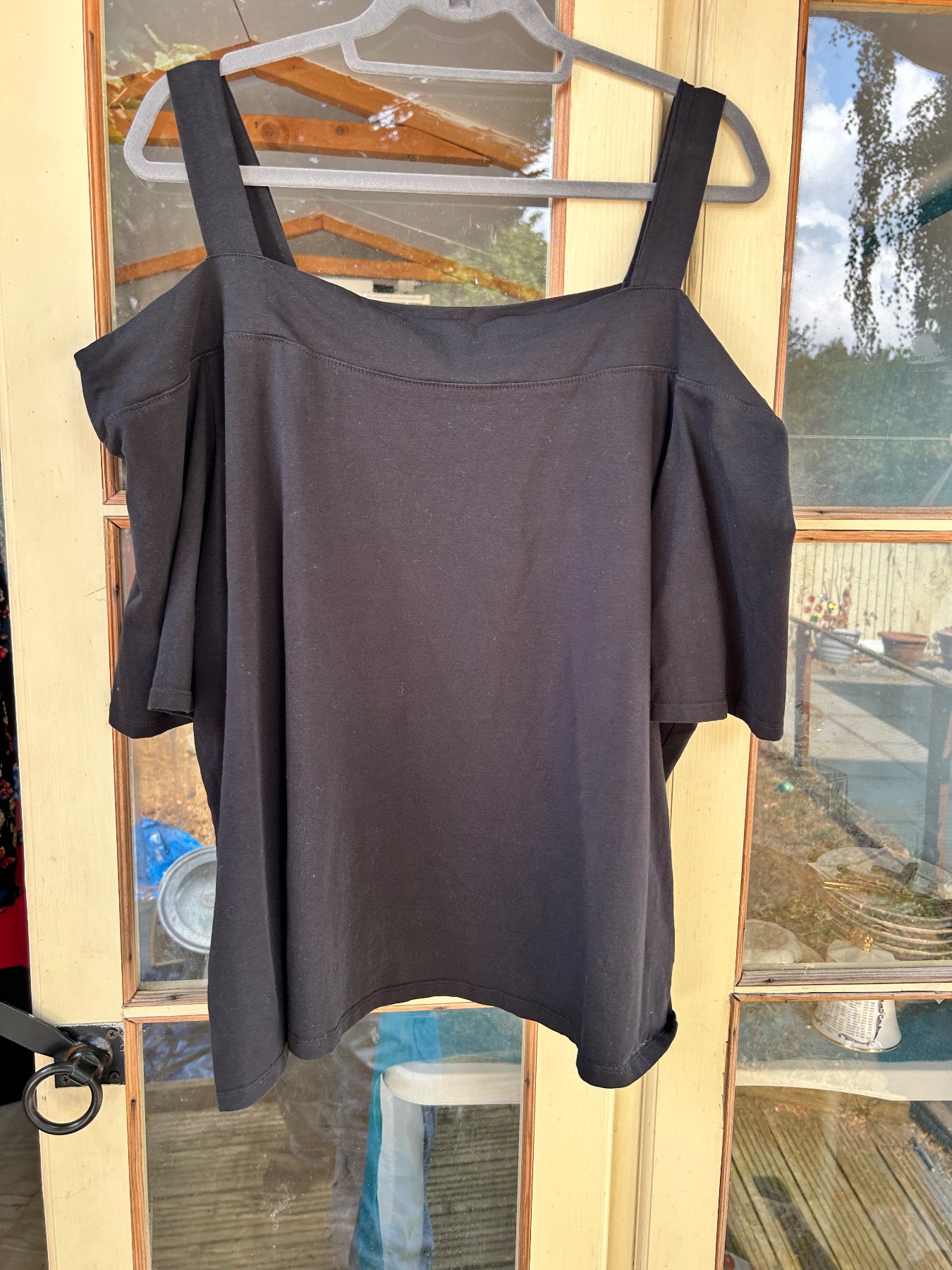 Julipa Black Solid Cold Shoulder Square Neck Wide Strap Pullover Top 24