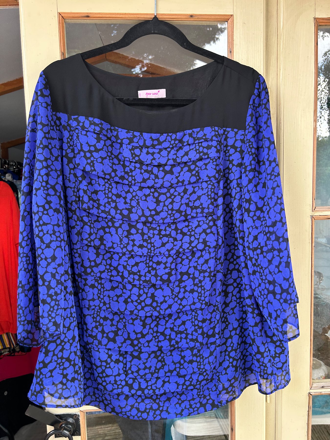 Per Una Blue & Black Abstract Scoop Neck 3/4 Sleeve Pullover Blouse Size 22