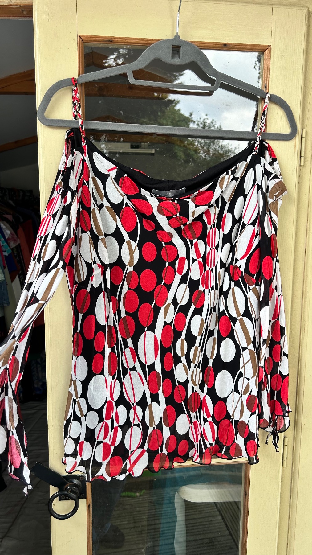 Wallis Black Red & White Polka Dot Cold Shoulder V-Neck Chiffon Blouse UK 20