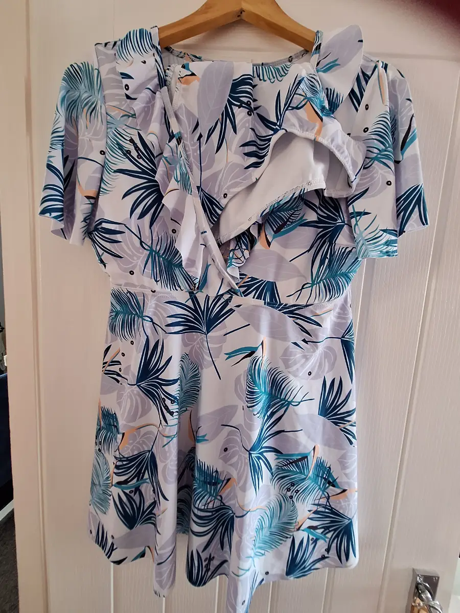 Blue and white swim dress and pants