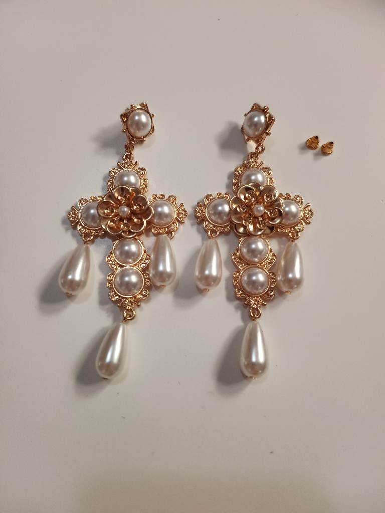 River Island large pu pearl cross drop earrings