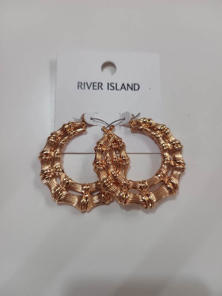 River Island Gold Tone Double Layer Bamboo Huggie Hoop Earrings Statement