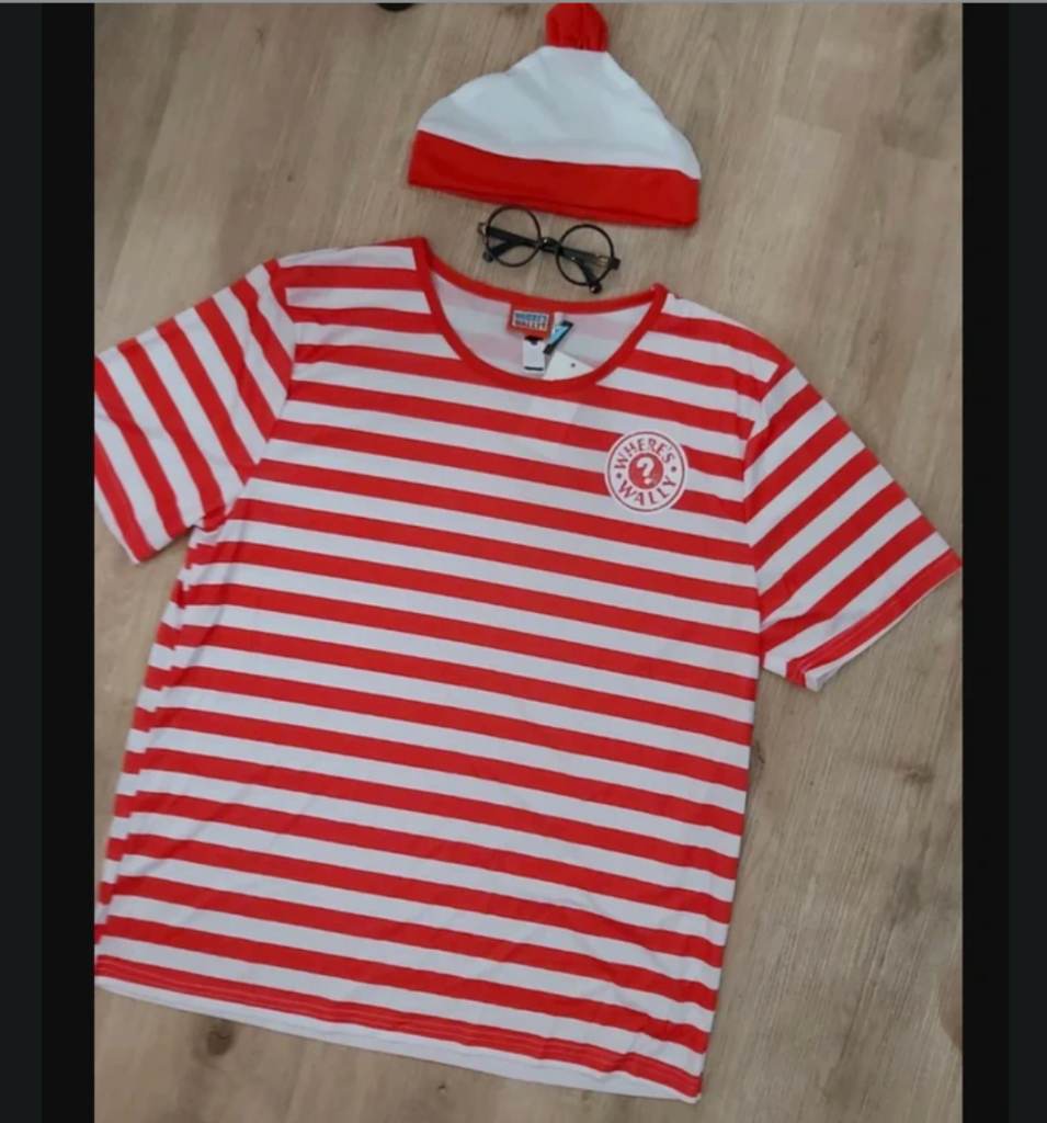Where's Wally Costume Adult Size L, 3 piece Set Wally Fancy Dress
