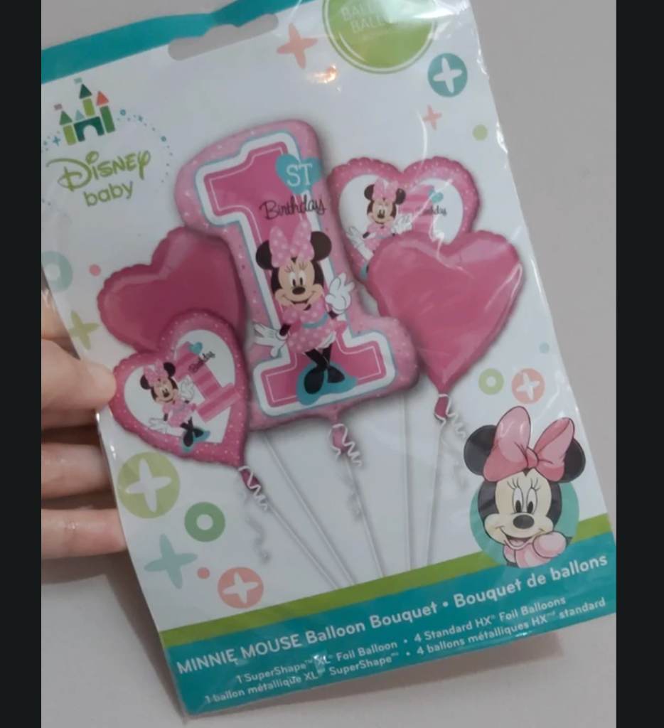 Disney Minnie Mouse 1st Birthday 5-Piece Balloon Bouquet, party supplies, Pink heart