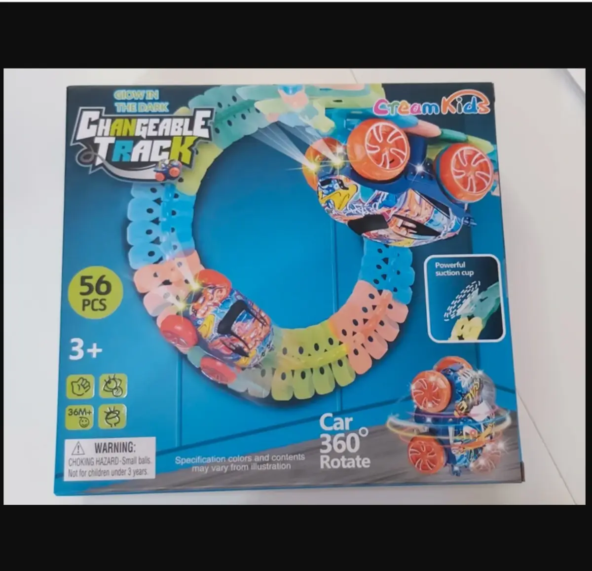 CreamKids 56-Piece Glow-in-the-Dark Changeable Track Set with 360° Rotating LED Car