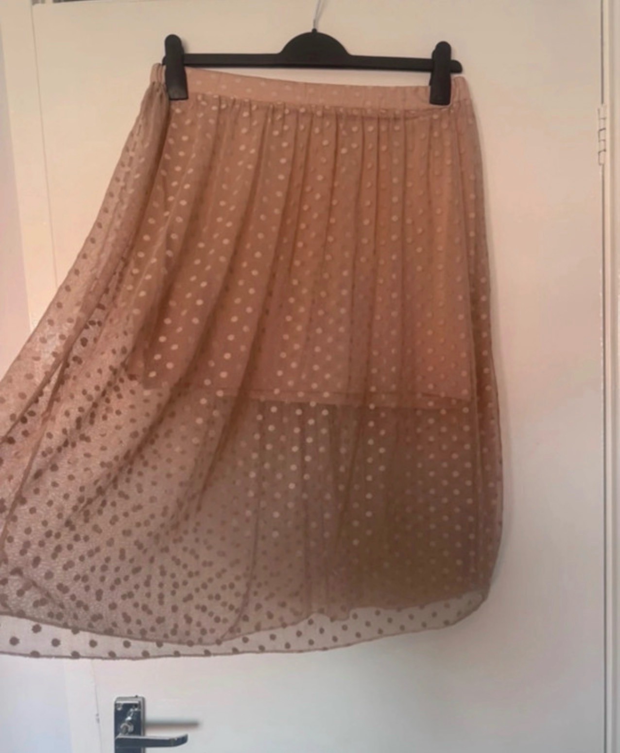 Dusty Pink Mesh Polka Dot Beige Midi Skirt Sheer Overlay Layered Elastic Waist Size 14