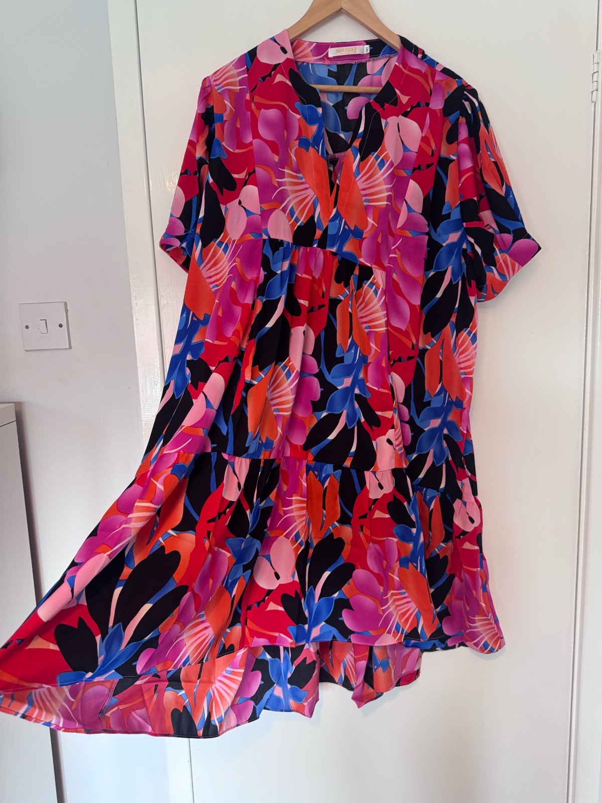 Malissa J Collection Vibrant Floral Tiered Smock Midi Dress Pink Blue M/L