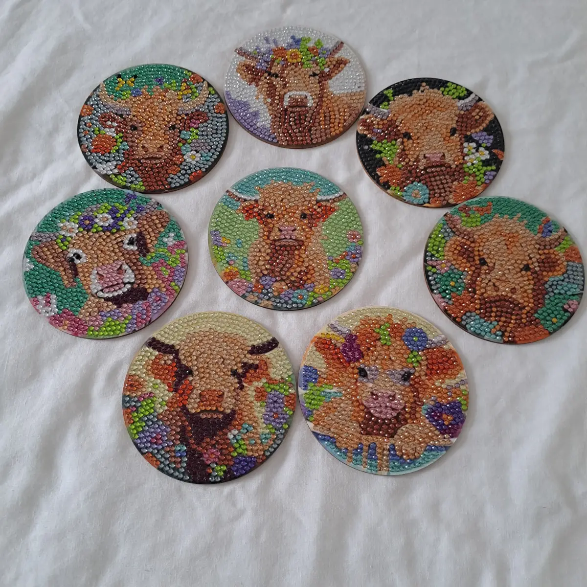 Set of 8 Highland cow diamond art coasters with holder