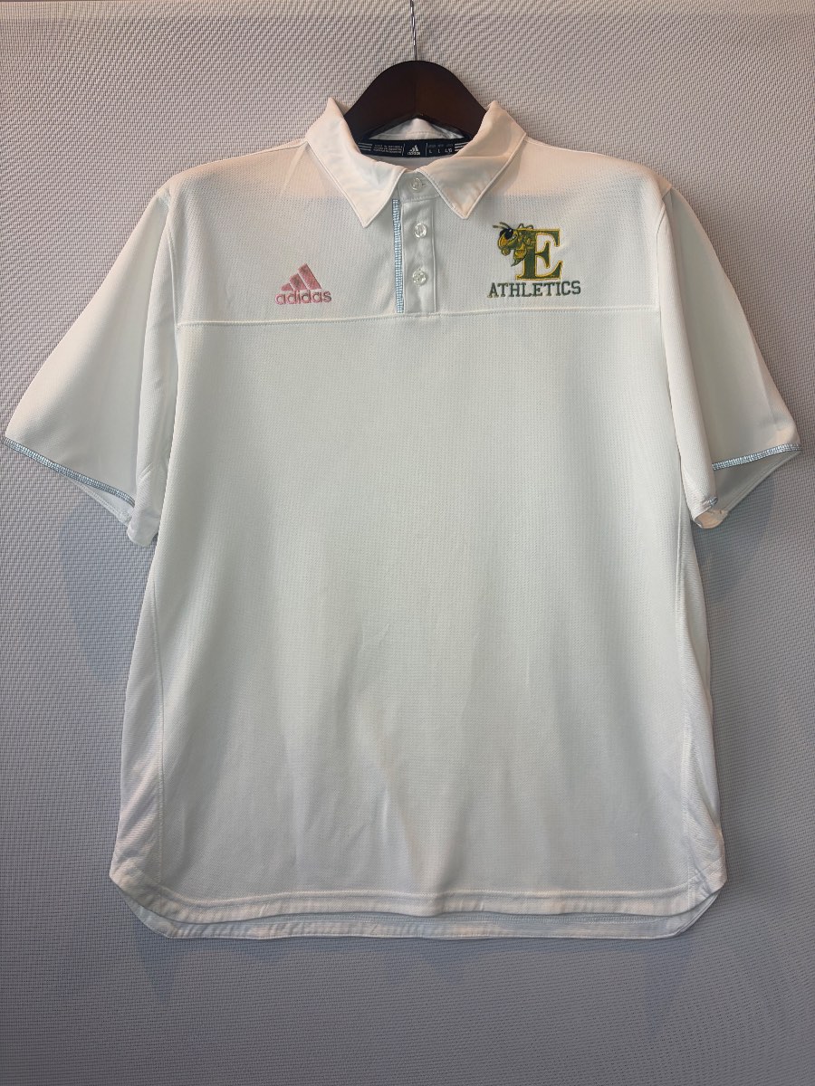 Adidas Climacool E Athletics Polo Shirt White Pink Logo Mens L 100% Polyester Team Issue