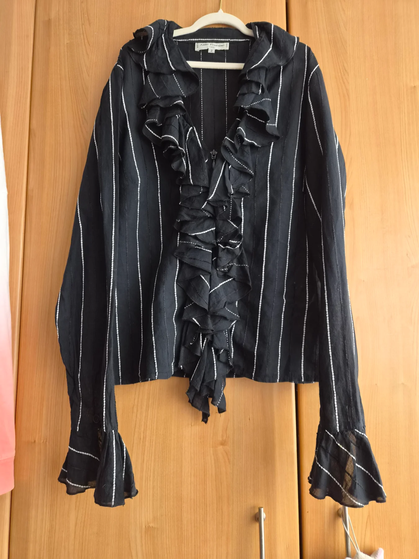 Anne Fontaine Paris Black Pinstripe Ruffle Zip Up Blouse Corset Back Size 2 UK 8 10 NO LACE