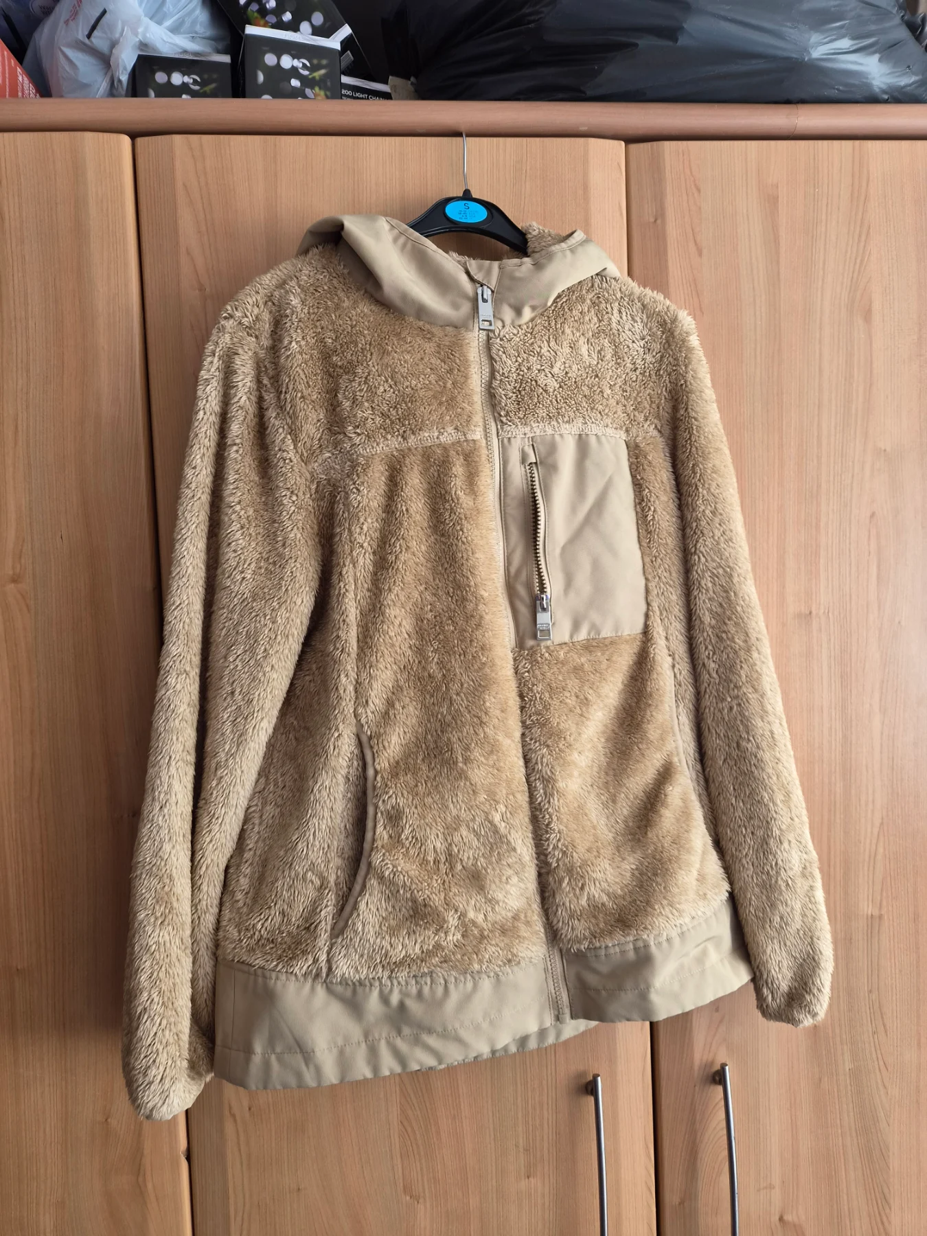 Michael Kors Hooded Jacket Camel Khaki Teddy Sherpa Fleece Coat Size M / UK 12