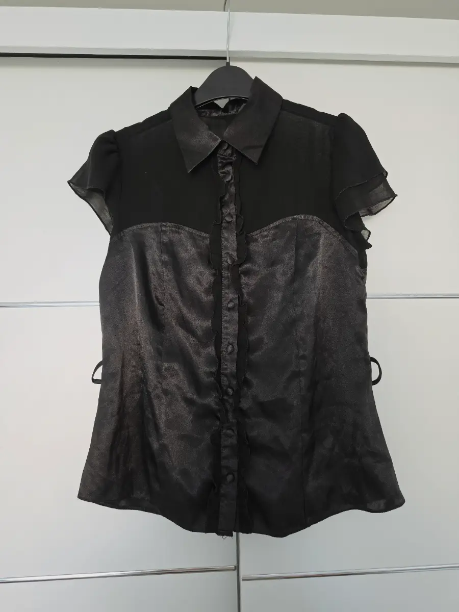 CMD Women's Black Satin & Chiffon Blouse Size UK 12‑14 / M‑L – Short Sleeve