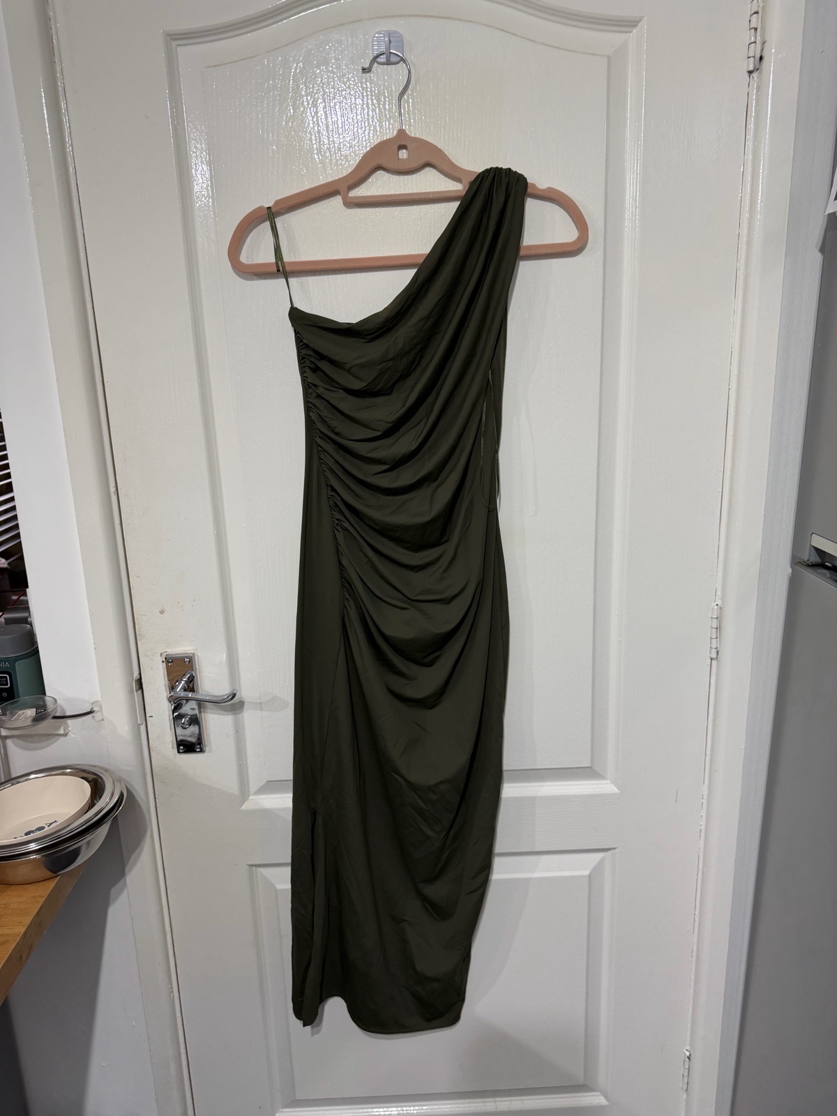 ZARA Women's Size S Green One Shoulder Ruched Bodycon Midi Dress Sleeveless forest green khaki