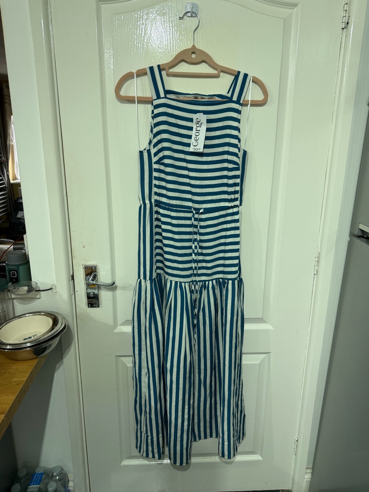 George size 10 dress stripe square neck strappy drawstring maxi dress blue white beachy nautical