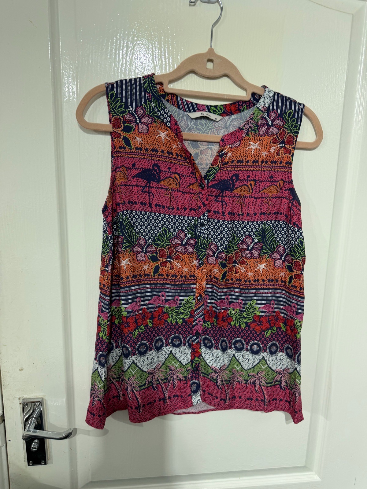 TU women’s cami top size 10 multicoloured tropical flamingo palm tree Hawaiian