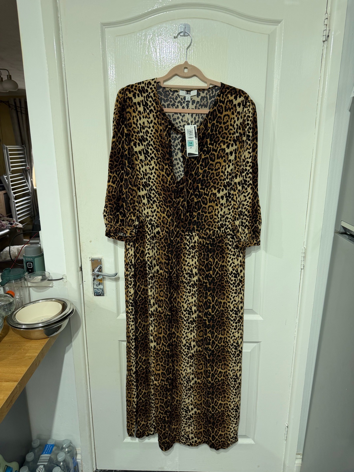 M&S Leopard Print maxi dress size 14 tall V-Neck Brown Black animal print BNWT