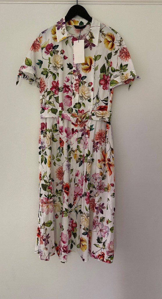 Zara White Multicoloured Floral Print Belted Shirt Dress Size M