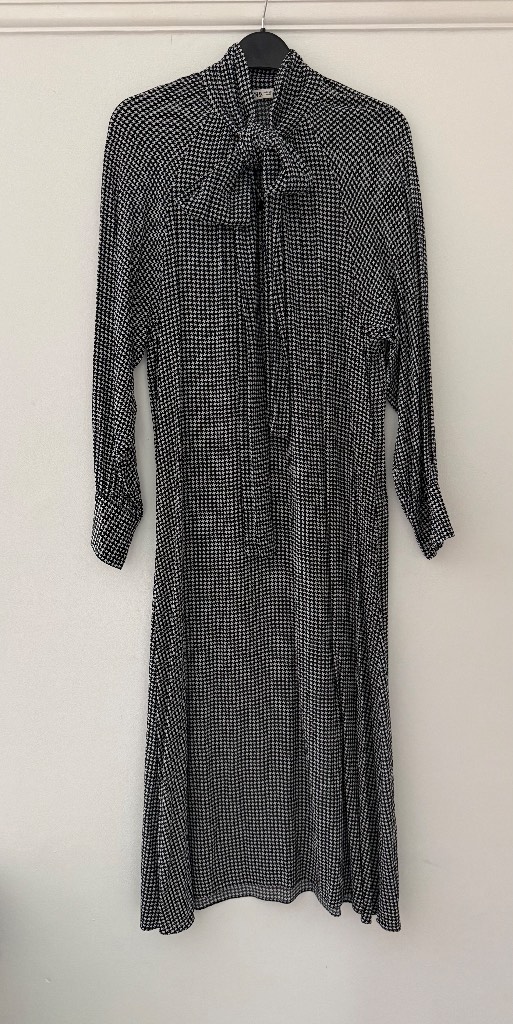 Zara Black White Houndstooth Check Pussy Bow Scarf Neck Midi Dress Size XS