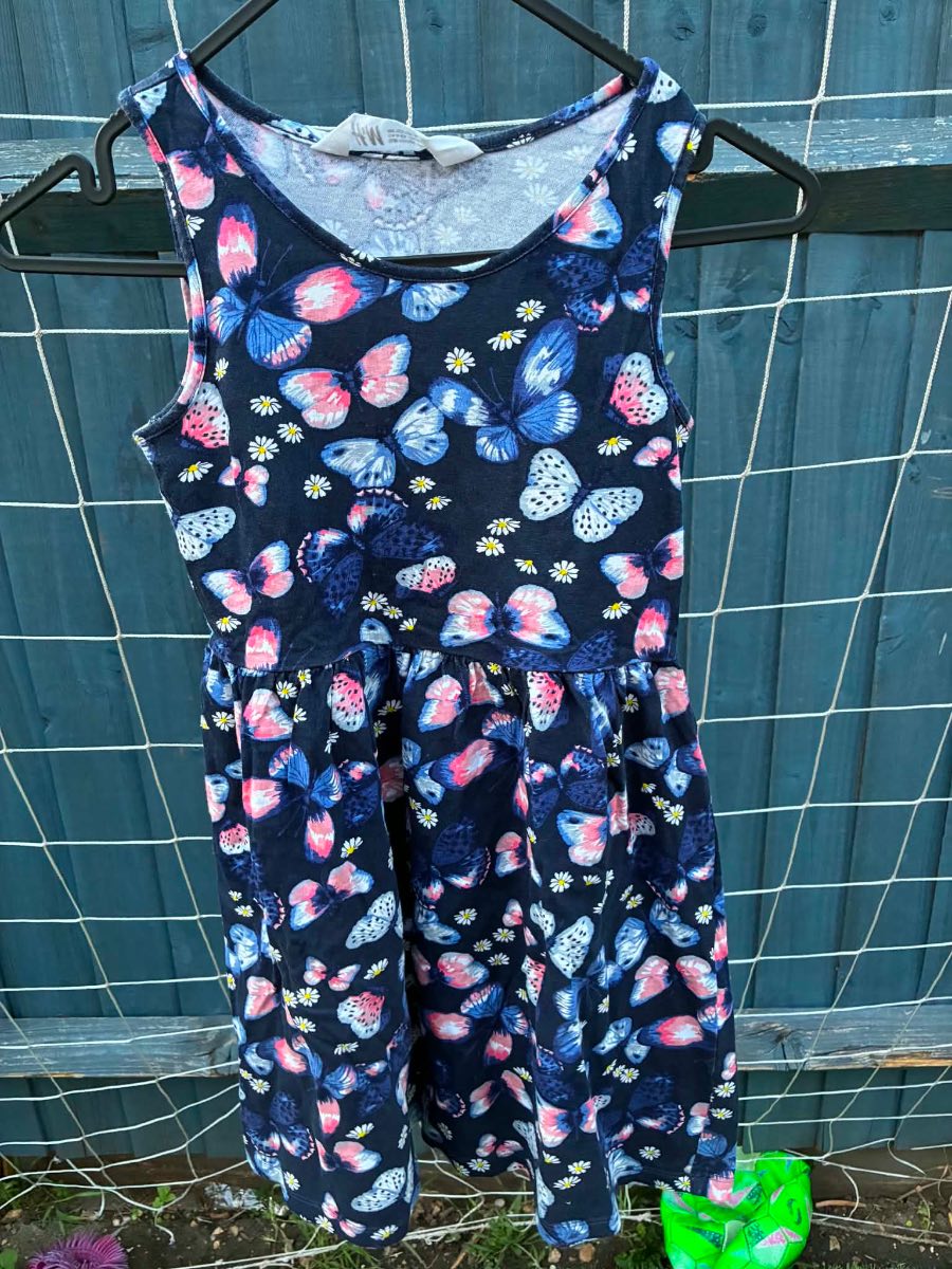 Girls Navy Butterfly Short Summer Dress H&M Size 6-8 uk
