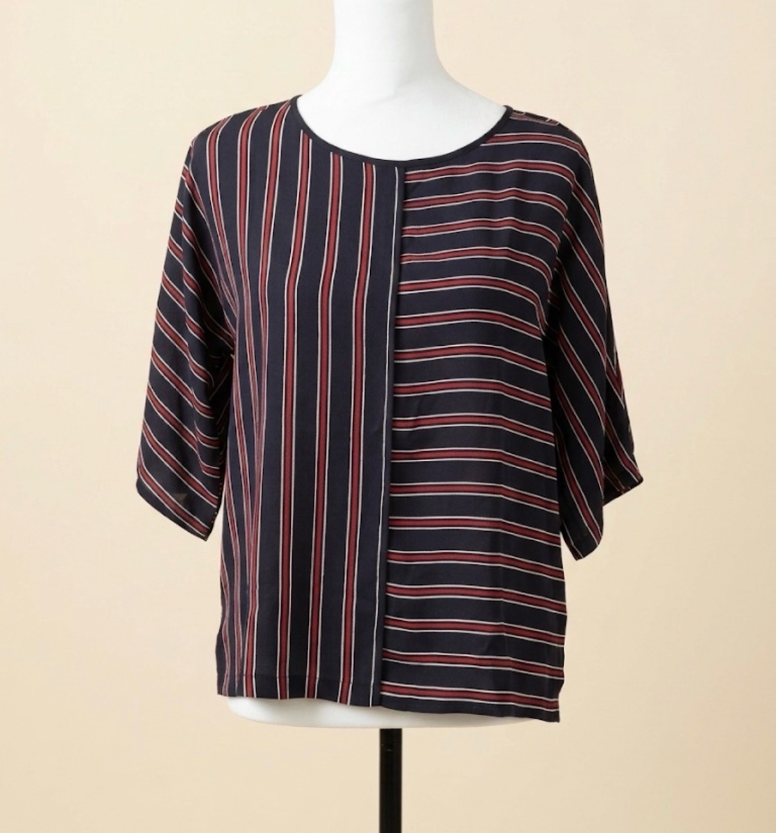 M&S Collection Striped Top UK 8 Navy Red White 3/4 Sleeve Blouse