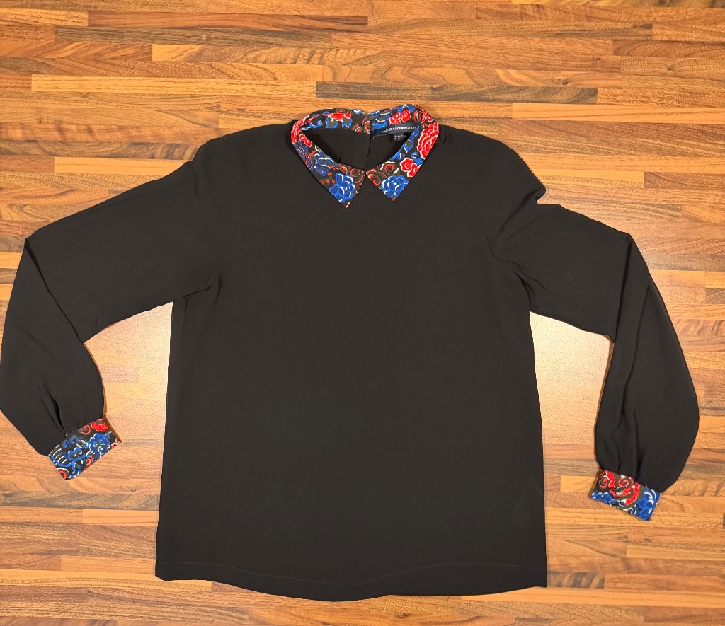 French Connection Black Long Sleeve Blouse Floral Collar & Cuffs Size UK 8