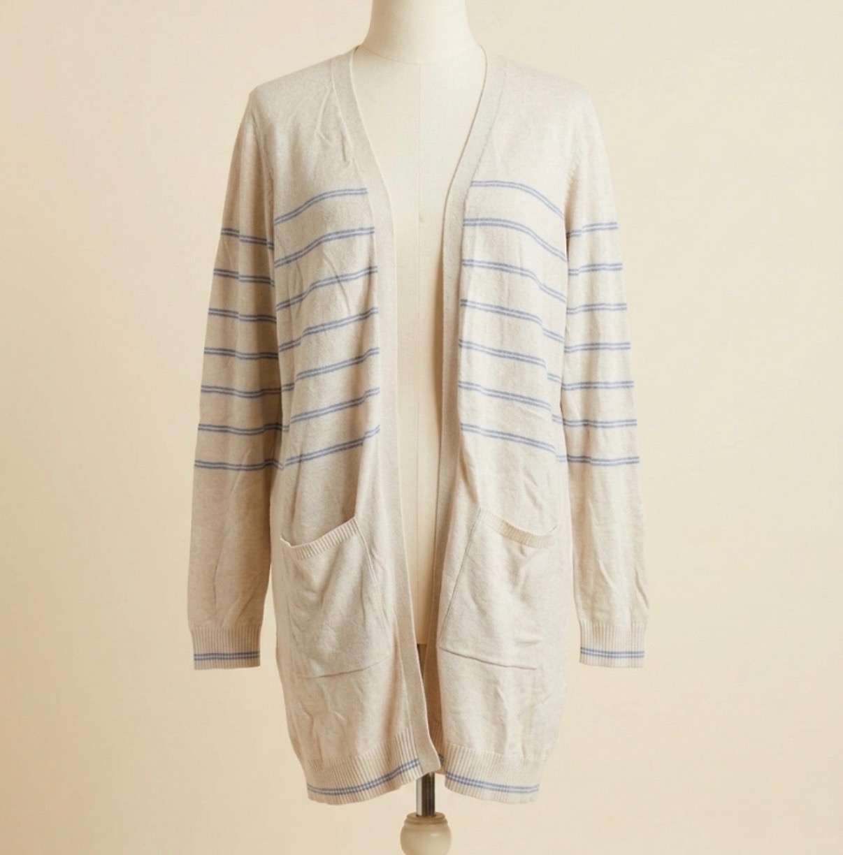 OBJECT Cream & Blue Striped Longline Cardigan Size XL