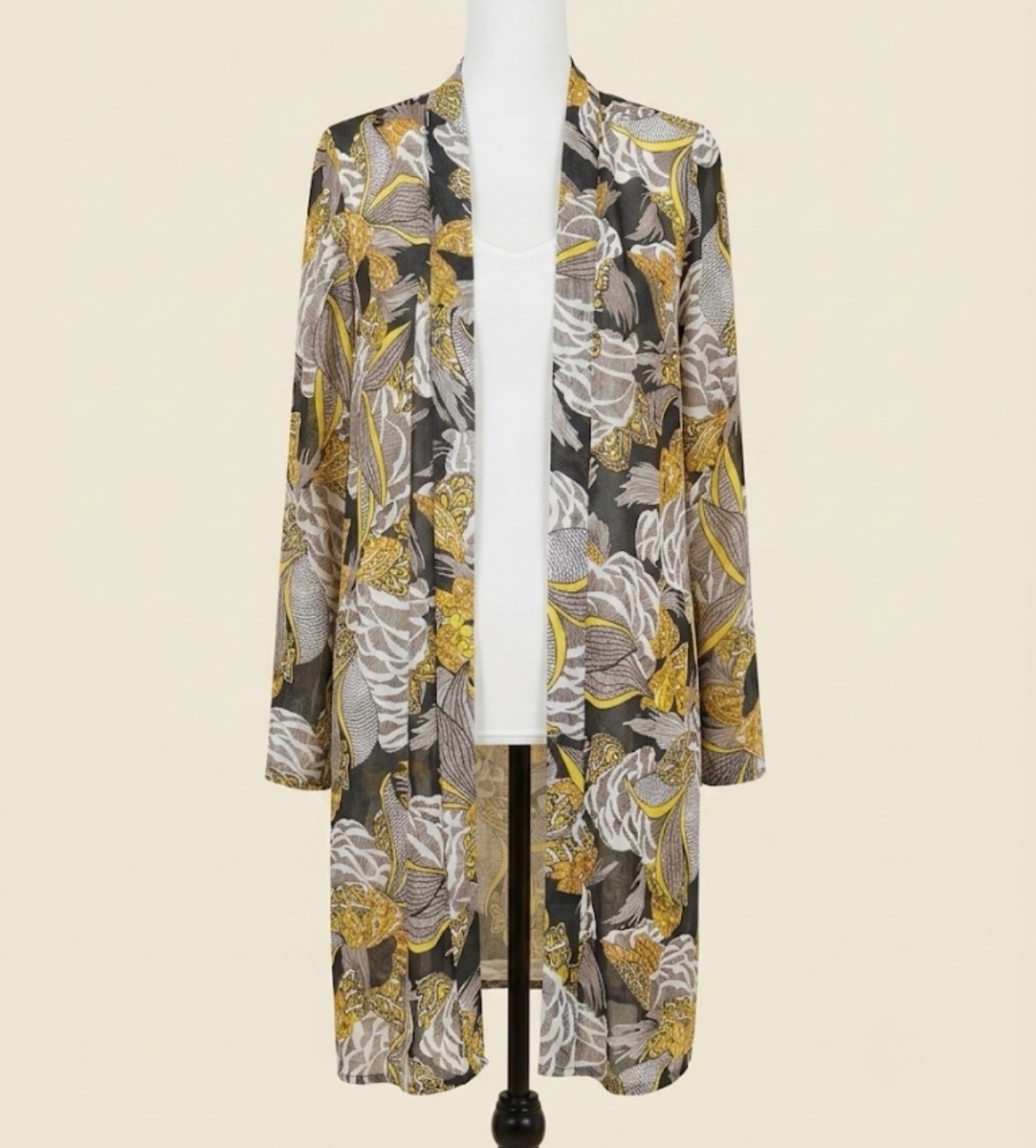 EXHIBIT 8 Floral Longline Duster Kimono Cardigan Size 8 | Yellow & Grey