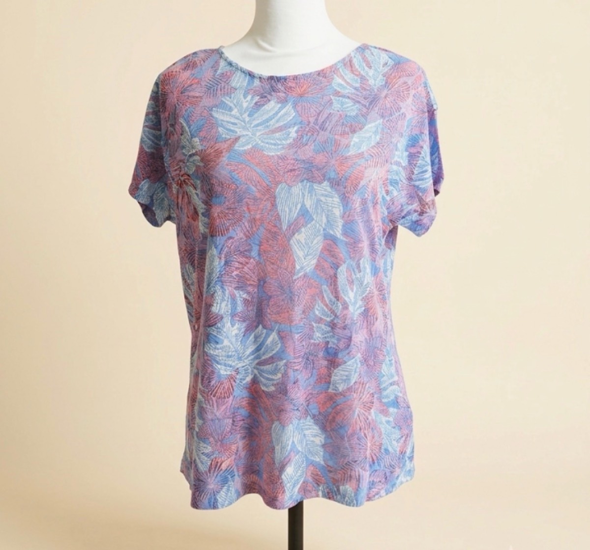 Nutmeg Women Floral Leaf Print T-Shirt Top - Size 10 - Blue / Pink