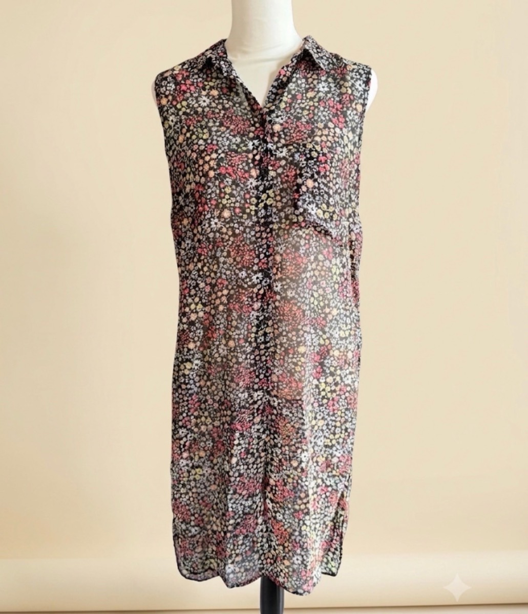 F&F Sheer Floral Sleeveless Shirt Dress / Longline Tunic Top - UK 10