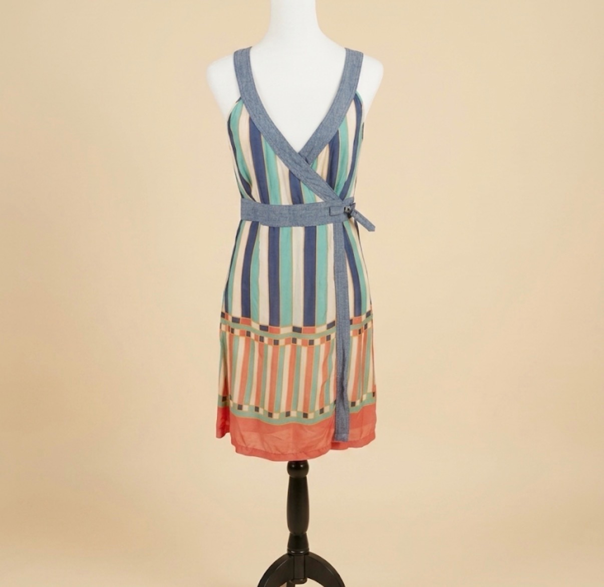Diesel Vintage Silk-Feel Striped Mini Dress With Denim Trim - Size S