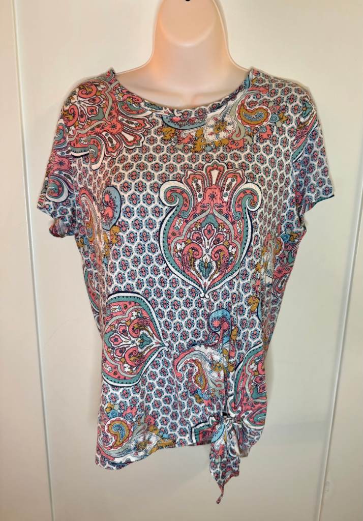 M&S Collection Paisley Print Tie Hem Top Size UK 10 Aqua Mix