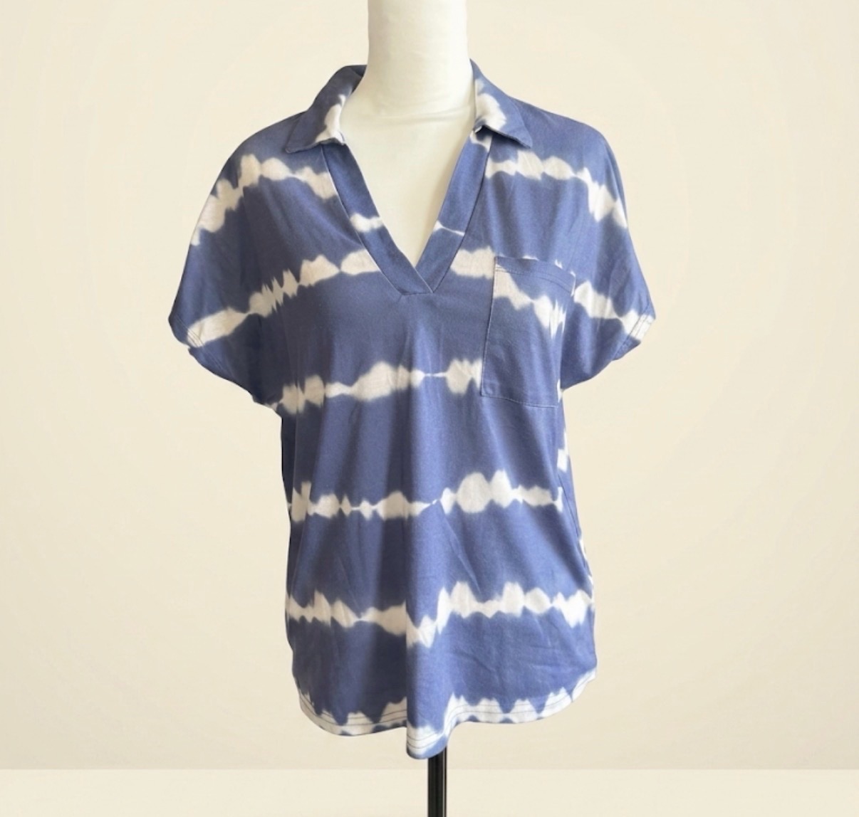 SHEIN Tie-Dye Striped V-Neck Polo Top with Pocket - Size M / UK 10
