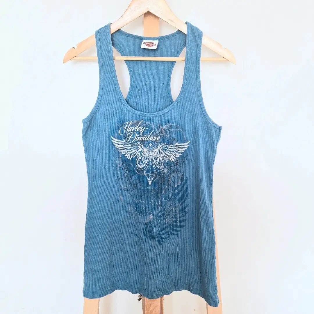 Vintage Y2K Harley-Davidson Las Vegas Studded Ribbed Tank Top Teal Blue Size 12-14