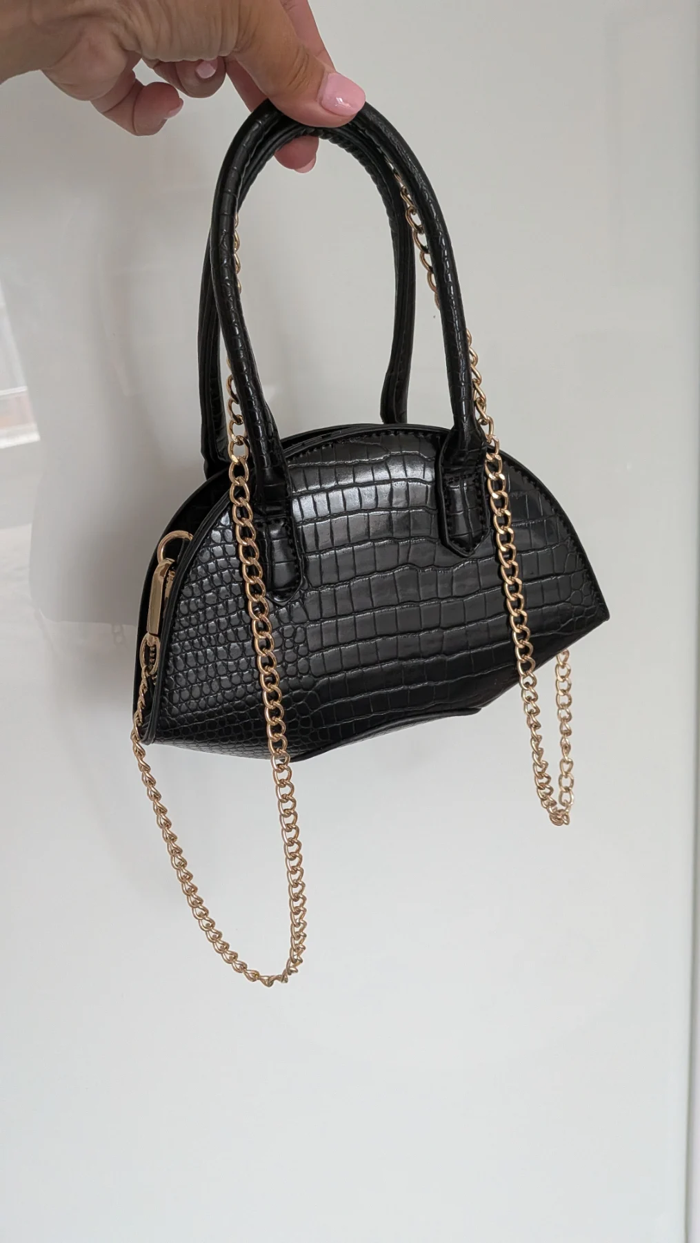 Asos black croc textured mini bag with gold tone chain