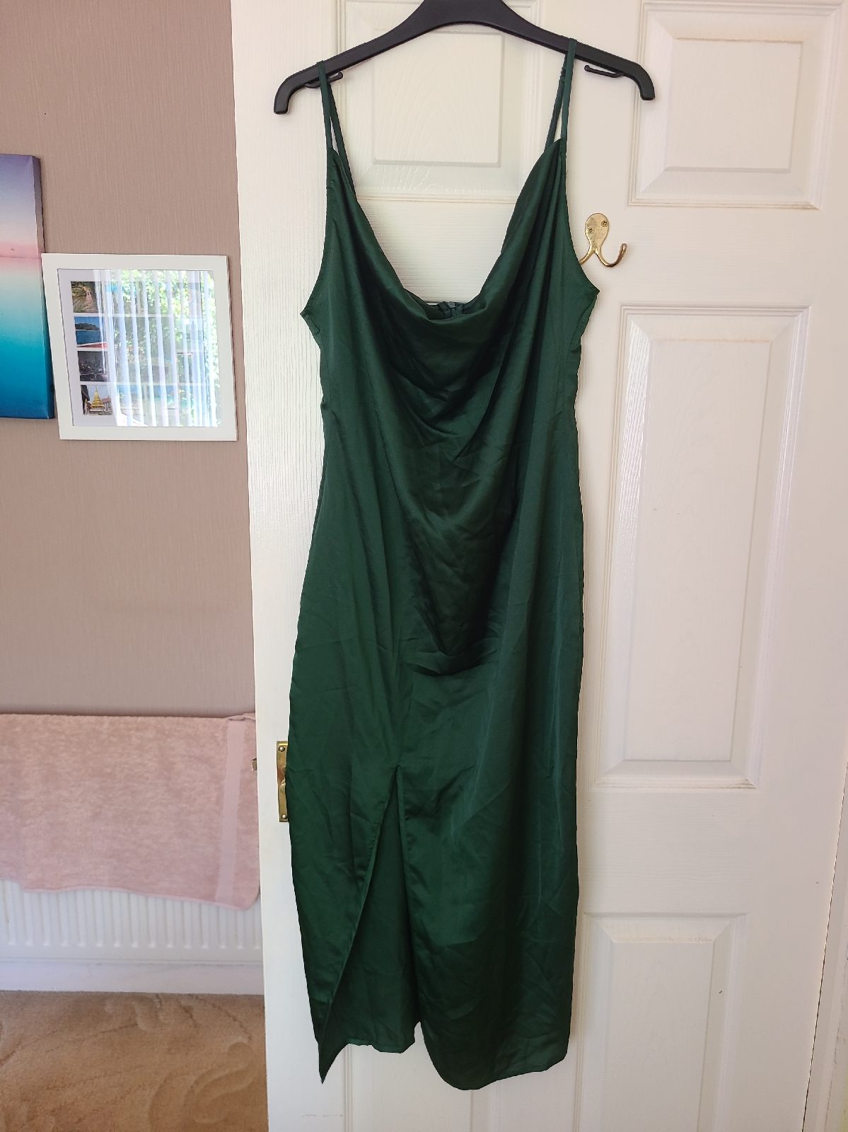 Womens size 12 emerald green strappy satin cowl neck midi dress