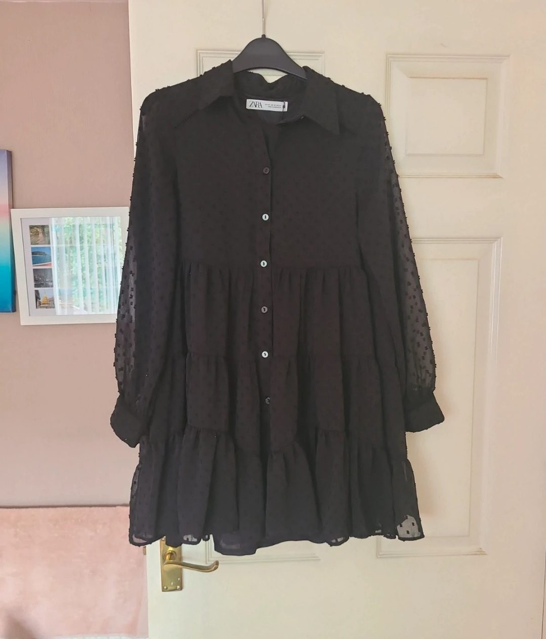 Womens size XS long sleeve black button up ruffle dress